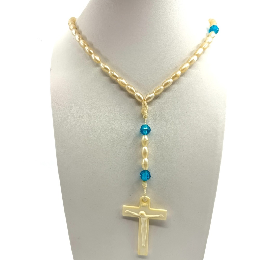 Vintage Rosary Necklace Faux Pearl Blue Beads Cream Crucifix Statement